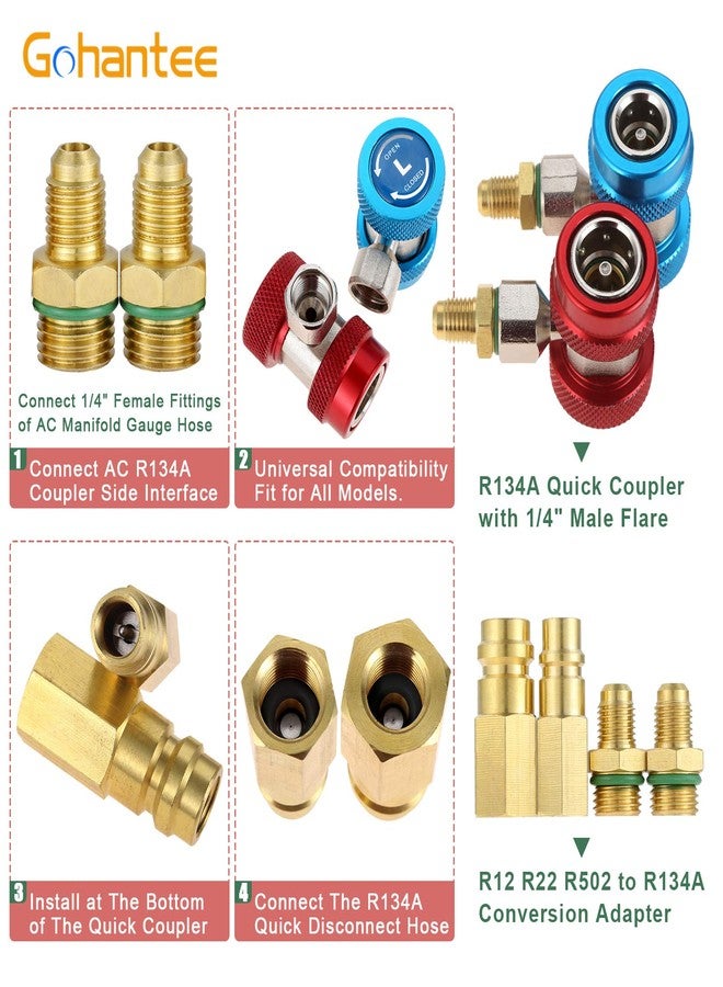 gohantee طقم وصلات محول R134A، موصل سريع قابل للتعديل R-134A، موصل خرطوم مقياس ضغط الفريون 1/4 بوصة، مع محول تحويل من R22 وR12 وR502 إلى R134A (قطعتان) - Image 4
